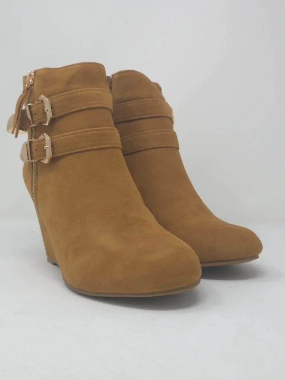 Tan Faux Suede Wedge Ankle Boots Buckle Strap Side Zip Casual Trendy